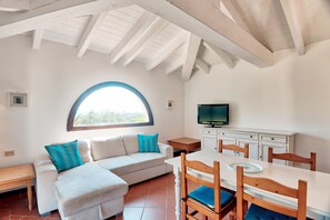 A room with a white ceiling, a sofa with blue cushions, a dining table with chairs, a TV on a cabinet, and a window with a view.