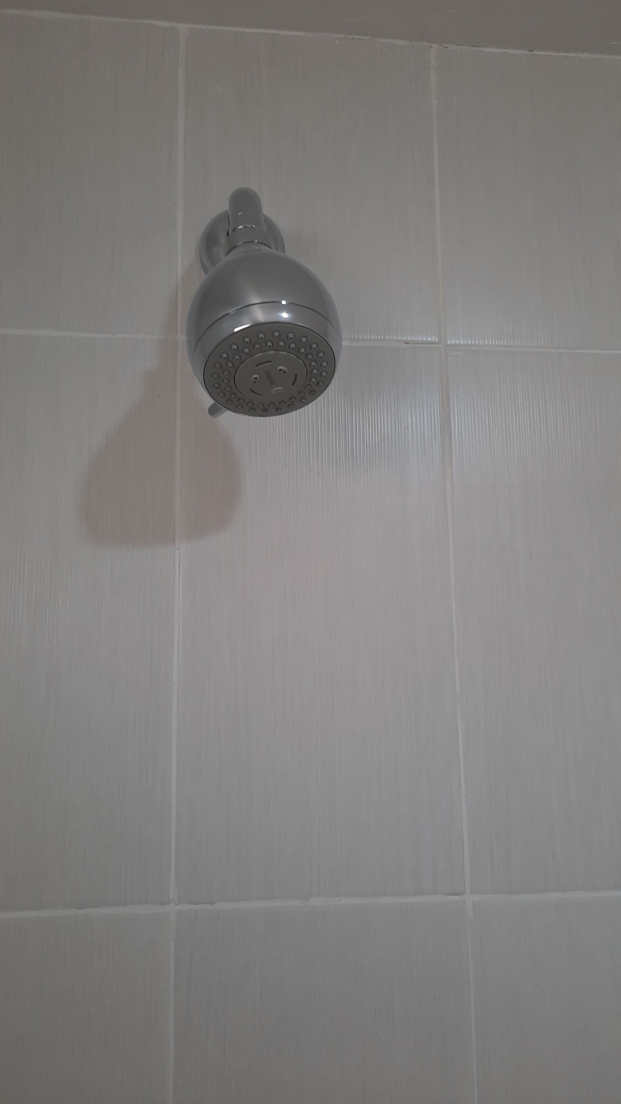 Ein Duschkopf an einer gefliesten Wand.
