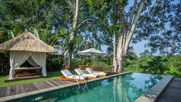 A pool area with lounge chairs, a thatched-roof gazebo, and lush greenery.