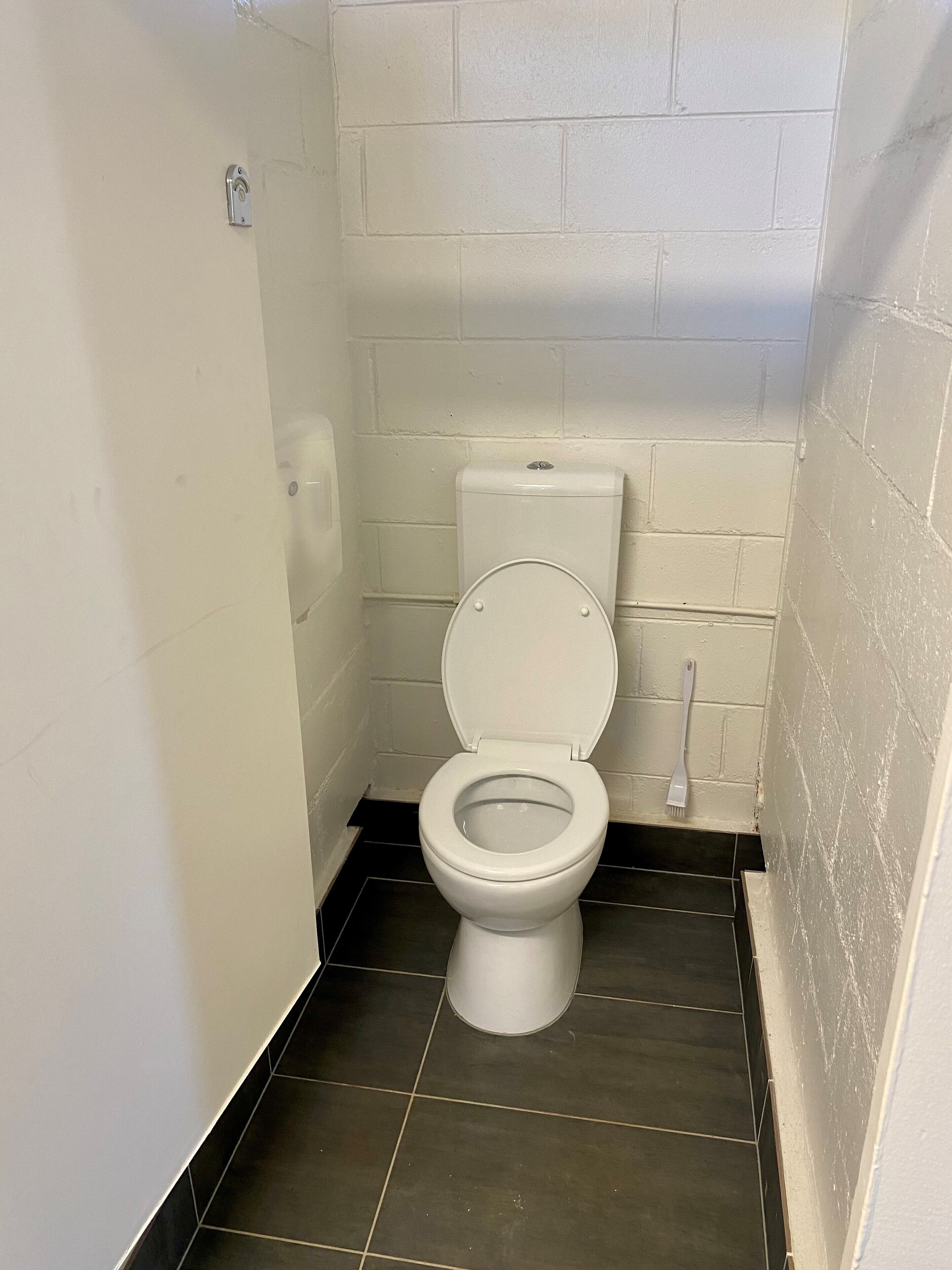 A small, white toilet in a tiled bathroom with a black floor.