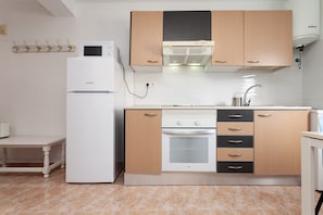 A compact kitchen with a refrigerator, oven, sink, and wooden cabinets.
