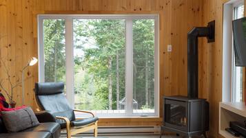 Smart-tv, een open haard en een stereo