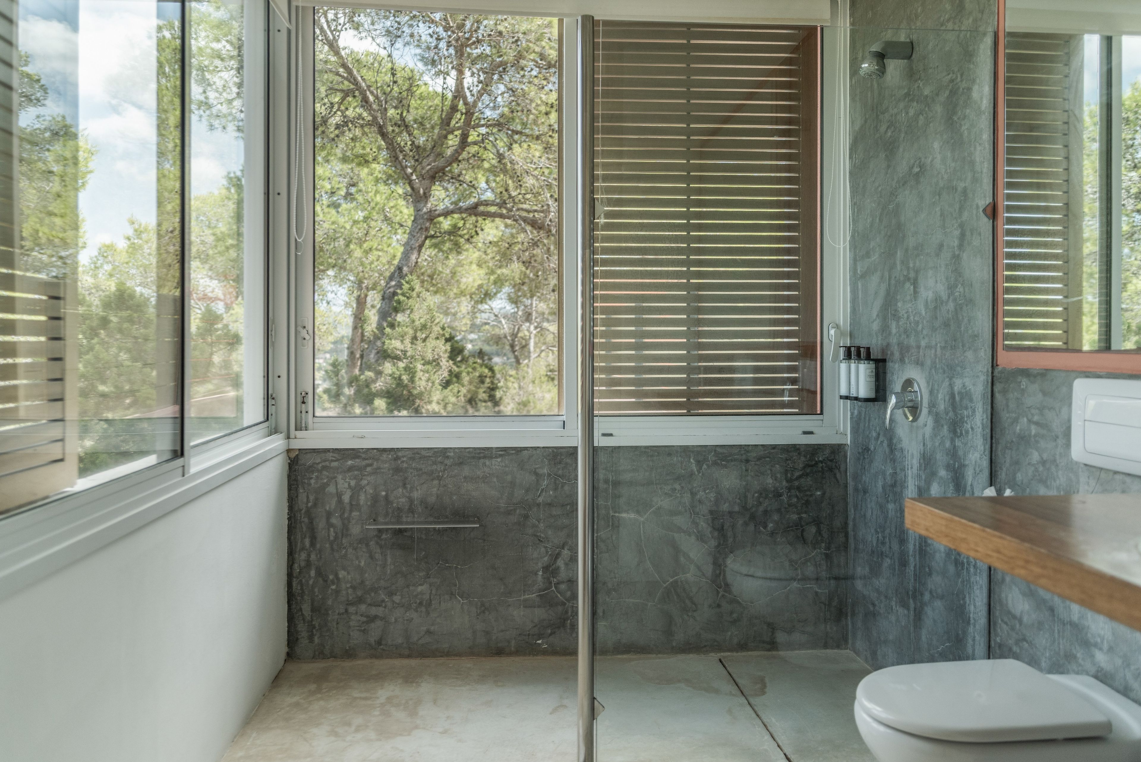 Un baño con ducha, inodoro y ventana con persianas.