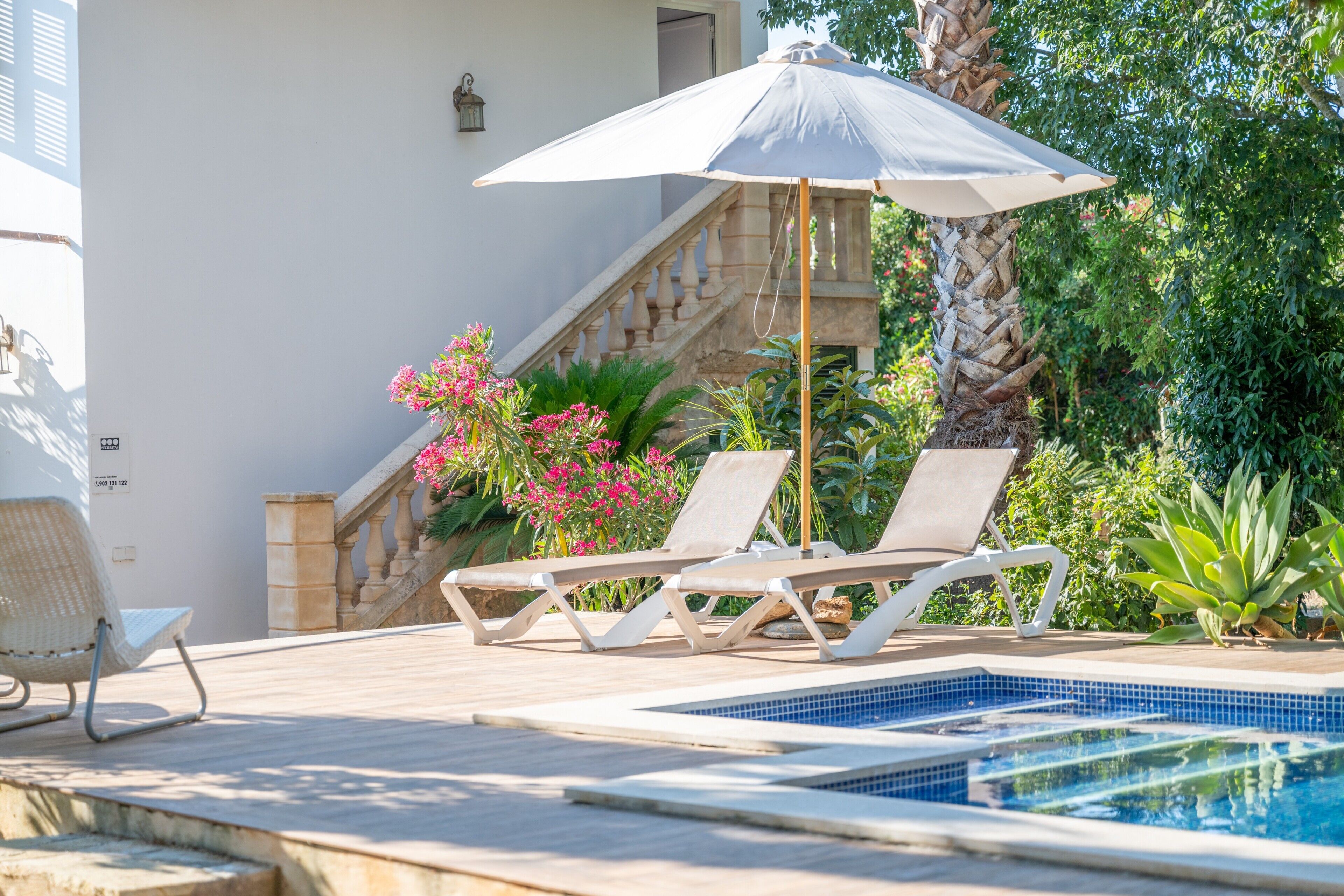 A pool area with lounge chairs and an umbrella, surrounded by greenery and a staircase.
