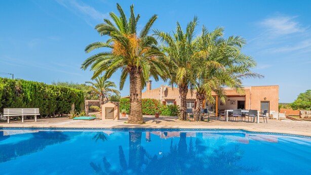 Ein Swimmingpool mit Palmen, einer Bank und einem Gebäude mit Außenbereich.