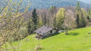 Une maison avec un toit en pente, entourée d’un champ verdoyant et d’arbres, avec des montagnes en arrière-plan.