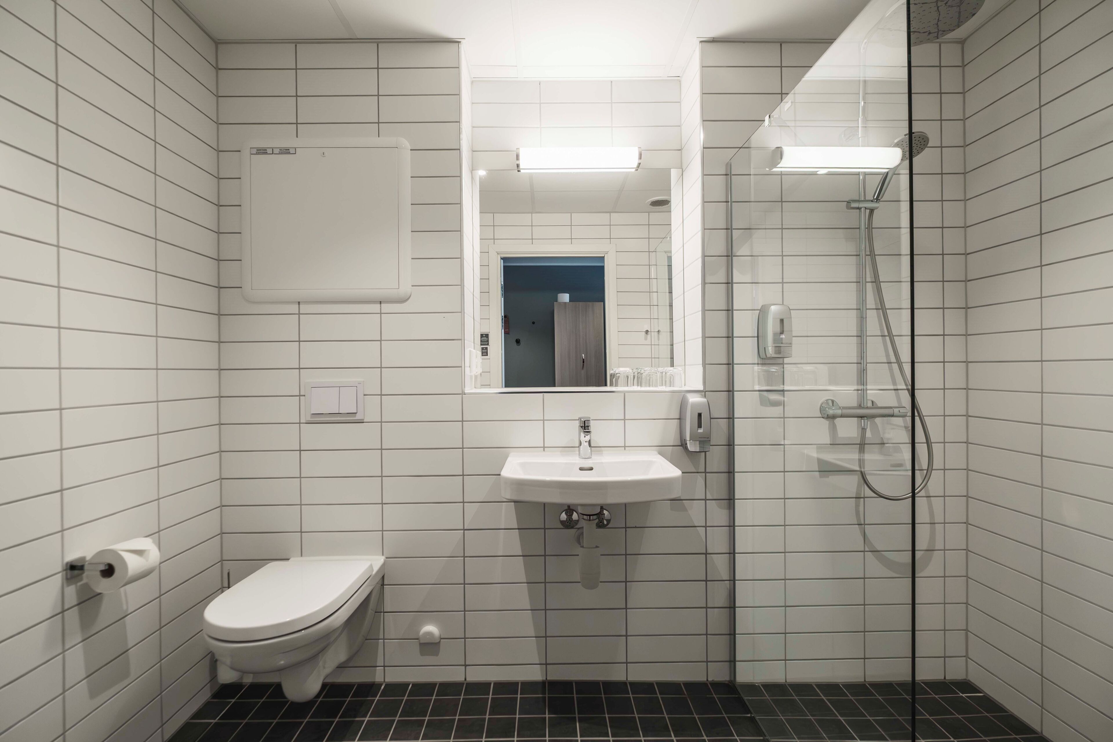 Baño con inodoro, lavabo, espejo y ducha.