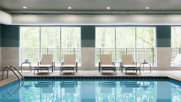 Piscina con cuatro sillas reclinables y vistas a árboles a través de amplias ventanas.