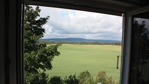 Vista da janela sobre um campo verde com árvores e colinas ao longe.