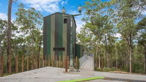 A building with a green and brown facade, a staircase leading to a platform, and a metal fence surrounding the area. - Treehouse #3, Tri-Level, Large BBQ. Amazing views (Austinville)