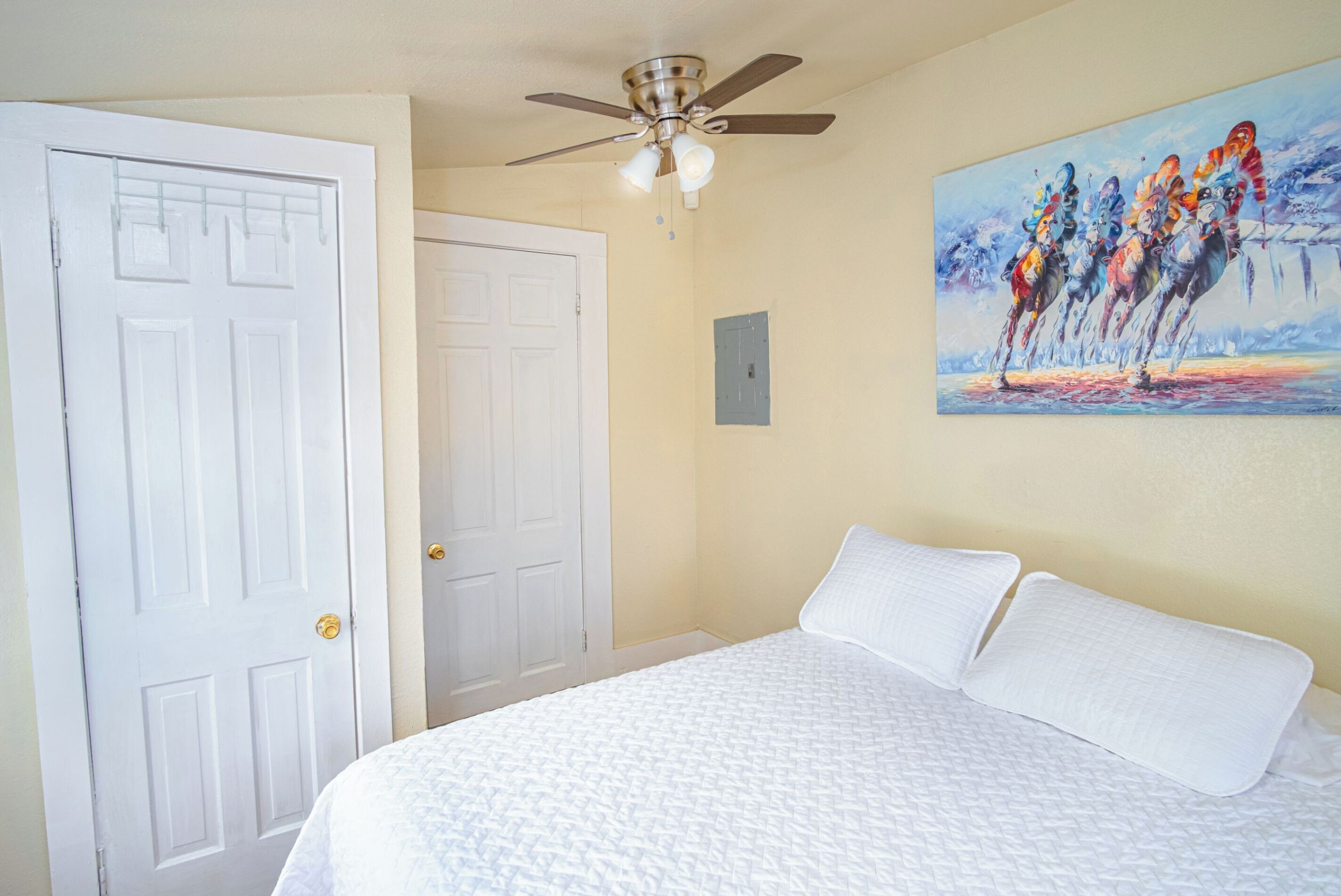 A bedroom with a bed, a ceiling fan, a door, and a painting on the wall.