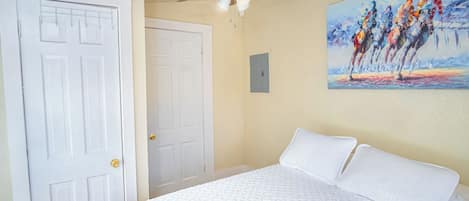 A bedroom with a bed, a ceiling fan, a door, and a painting on the wall.