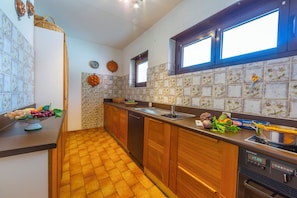 Family Apartment, 2 Bedrooms, 2 Bathrooms (Casa Bader) | Private kitchen | Full-size fridge, oven, stovetop, dishwasher - Casa Bader (Riva San Vitale)