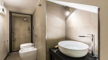 Regadera, secadora de cabello, bidet, toallas