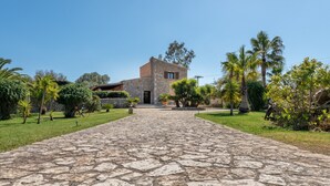 Un sendero de piedra conduce a un edificio de piedra con una puerta, rodeado de vegetación y palmeras.