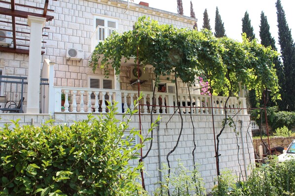 Ein Gebäude mit weißer Fassade, einem Balkon mit weißer Brüstung und einem mit Wein bewachsenen Spalier.
