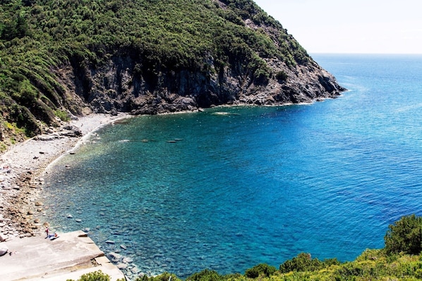 Un paysage côtier avec une plage rocheuse, une mer d’un bleu limpide et des collines verdoyantes.