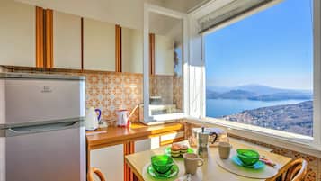 Familienapartment, Mehrere Schlafzimmer, Bergseite (Nicoletta's Lake View Stresa) | Eigene Küche | Großer Kühlschrank, Mikrowelle, Ofen, Herdplatte