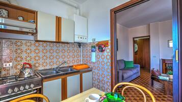 Family Apartment, 1 Bedroom, Mountainside (Nicoletta's Lake View Stresa) | Private kitchen | Full-sized fridge, microwave, oven, stovetop