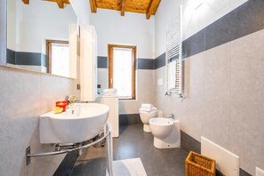 A modern bathroom with a large sink, toilet, bidet, and a mirror. - Relax al Moro Apt with Pool (Leggiuno)