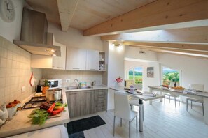 Departamento familiar, varias habitaciones, junto al lago (Silver Lake Apartment) | Cocina privada | Refrigerador con congelador, microondas, horno y parrilla de estufa 