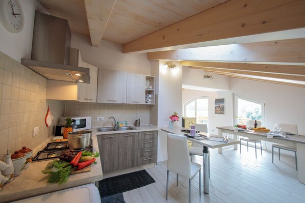 Departamento familiar, varias habitaciones, junto al lago (Silver Lake Apartment) | Cocina privada | Refrigerador con congelador, microondas, horno y parrilla de estufa