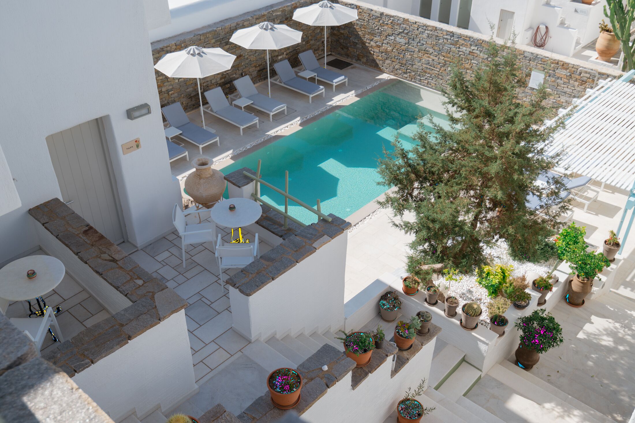 Zona de piscina en la azotea con sillones de descanso y sombrillas, rodeada de plantas en macetas y un muro de piedra.