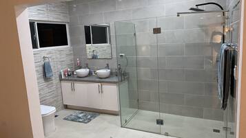 Shower, hair dryer, towels, soap
