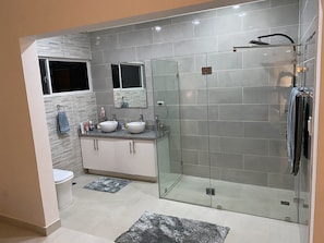 Een douche, een haardroger, handdoeken, zeep