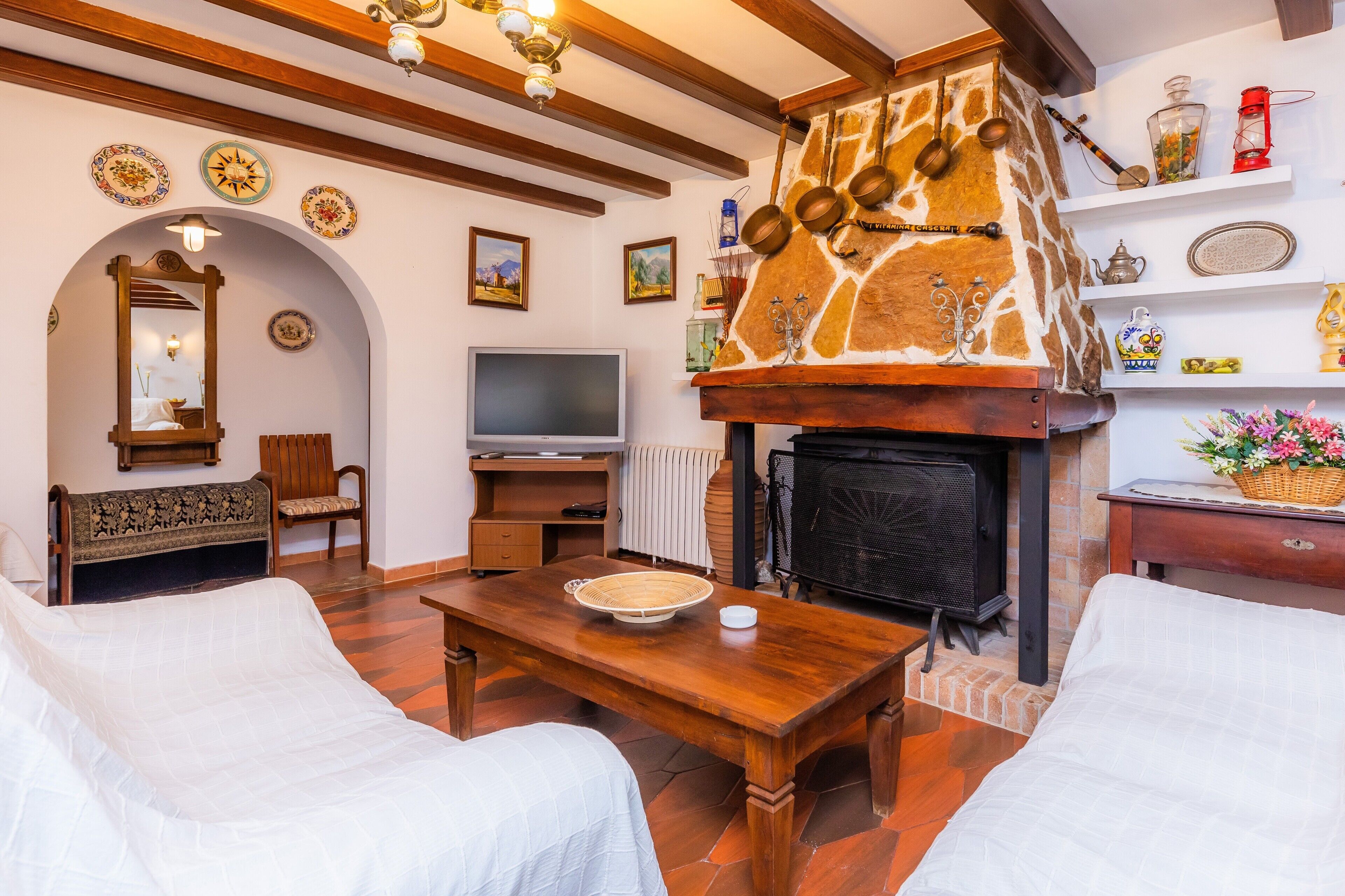 Télévision, cheminée, table de tennis de table, chaîne hi-fi