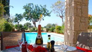 A table with a bottle of wine, glasses, and a bowl of red flowers, overlooking a swimming pool with a stone pillar and lush trees in the background. - Villa HG30 - Destu (Kouklia)