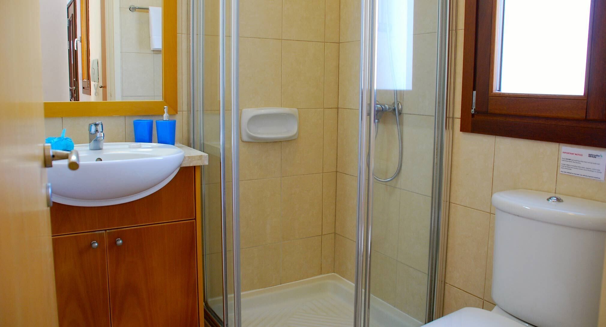 Une salle de bain équipée d’un lavabo, d’un miroir, d’une douche à parois en verre et de toilettes.