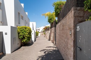 A narrow alleyway with a stone wall on one side and a white building on the other.