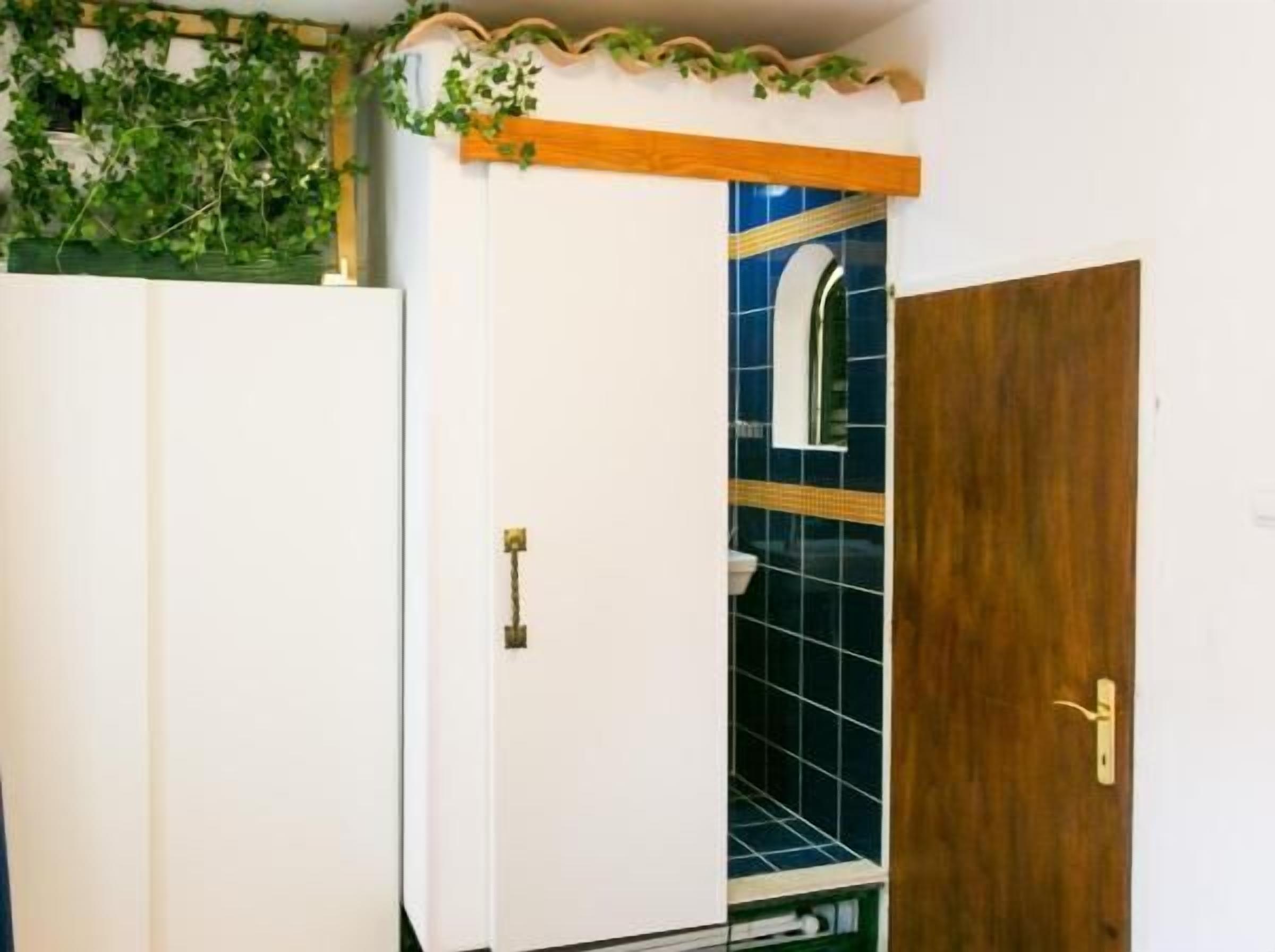 A room with a white door, a wooden door, and a blue-tiled wall with a window.