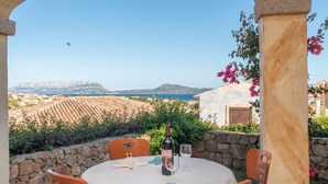 A table with a wine bottle and glasses, set against a backdrop of a vineyard and a mountain. - Holiday Home 'Sardinia Sea View Pool & Spa' with Pool and Hot Tub (pittulongu)