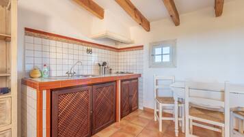 Fridge, stovetop, coffee/tea maker, electric kettle
