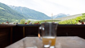 Una mesa con una jarra de cerveza y dos vasos, con vista a un viñedo y montañas.