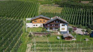 Une maison à deux étages, dotée d’un toit en pente, entourée de vignobles en terrasses, et un petit bâtiment indépendant, également avec un toit en pente.