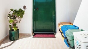 Una puerta verde con un cartelito, una planta en maceta y cajas de almacenamiento en el suelo.