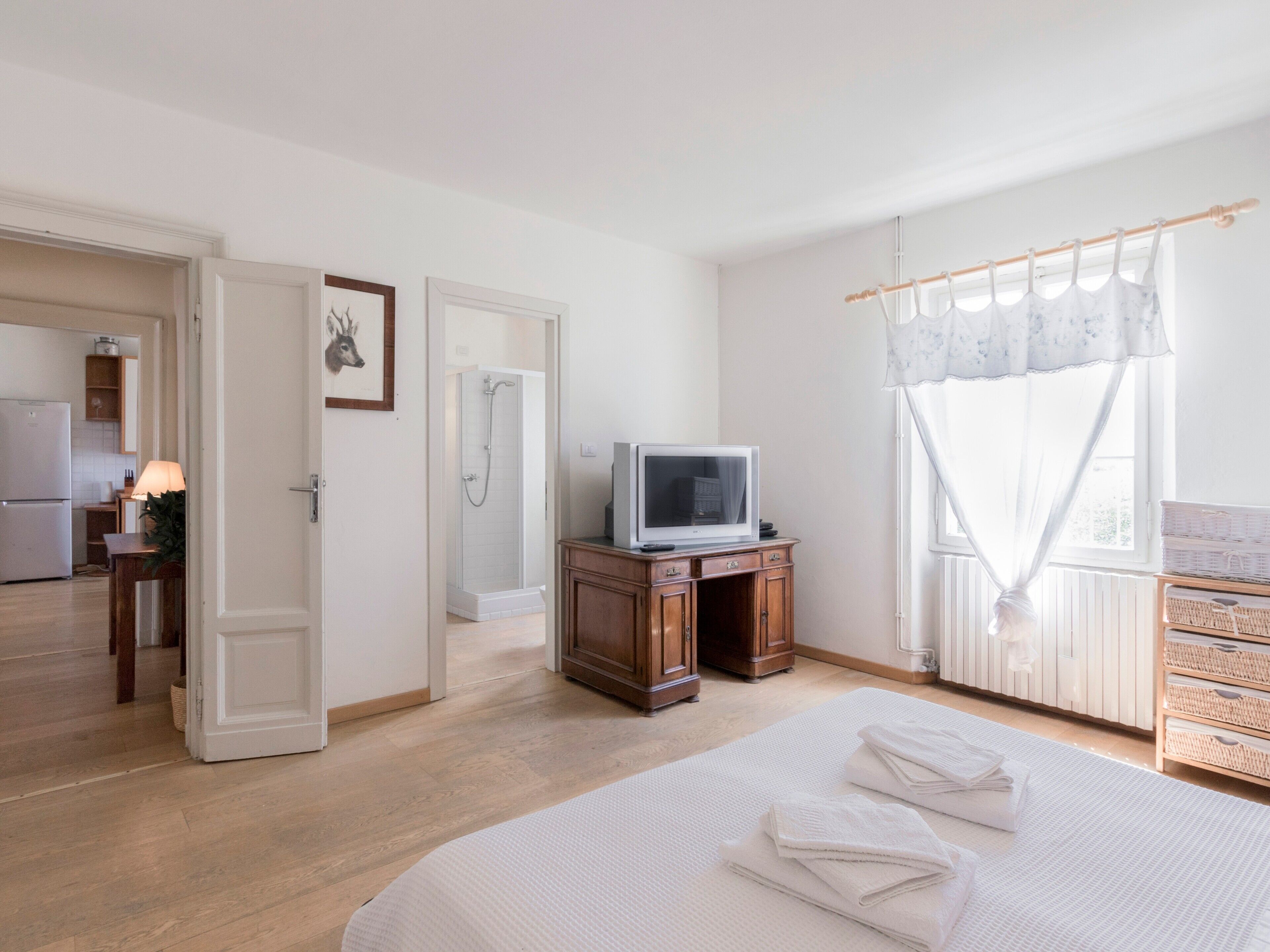 A bedroom with a bed, a television, a shower, and a view of the outside.