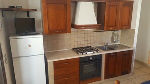 A compact kitchen with a refrigerator, stove, oven, and a sink.