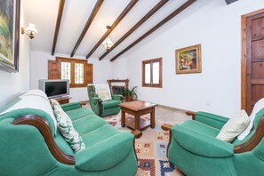 Una sala de estar con sofás verdes, una mesa de centro de madera, una chimenea y un televisor.