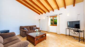 Televisie, een open haard, een dvd-speler en een stereo