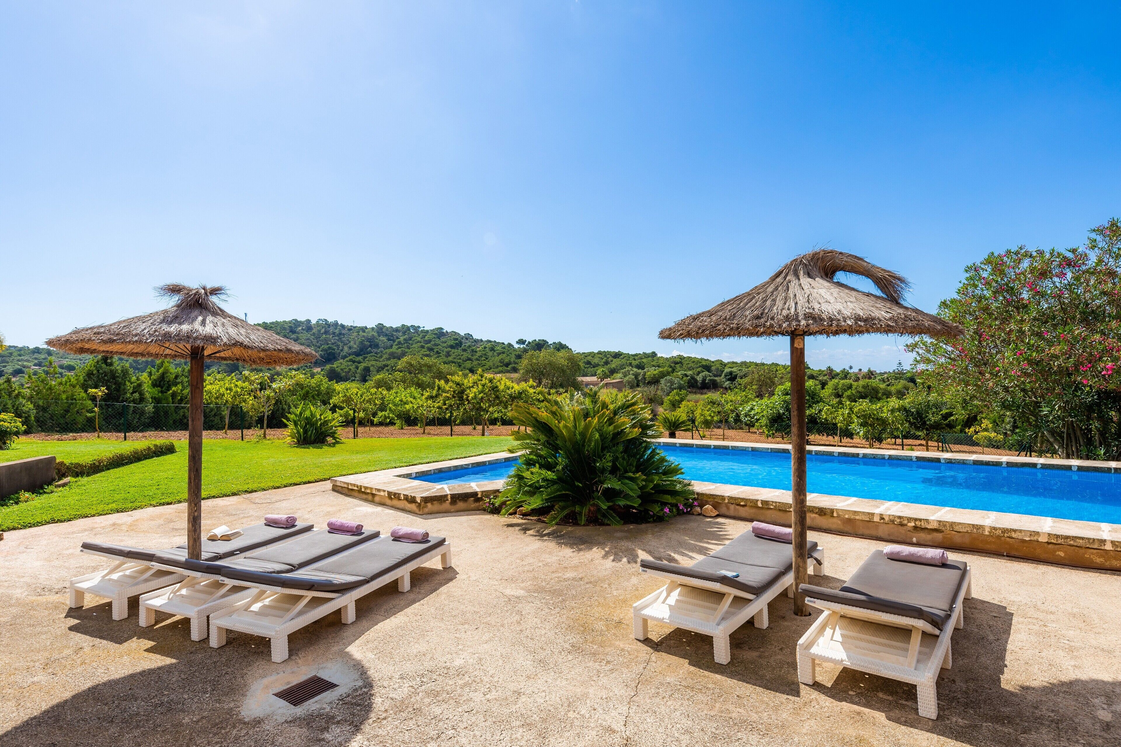 Zona junto a la piscina con sillones de descanso y sombrillas, piscina y jardín ajardinado.
