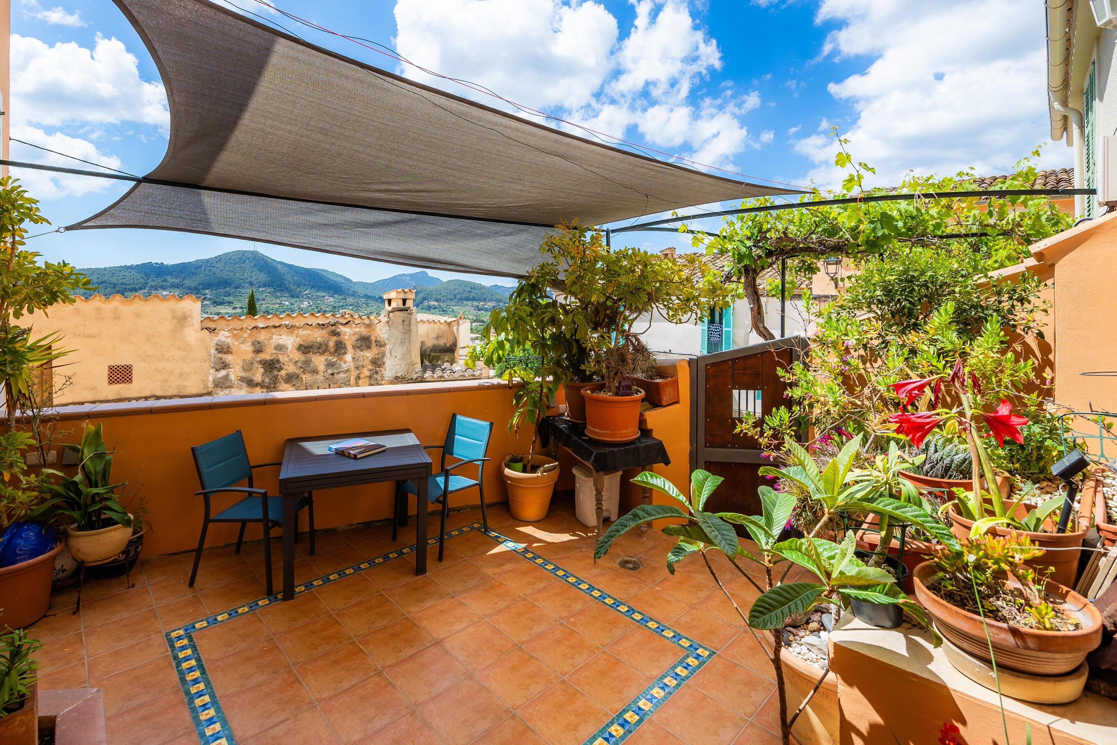 A terrace with a table and chairs, potted plants, and a view of mountains.