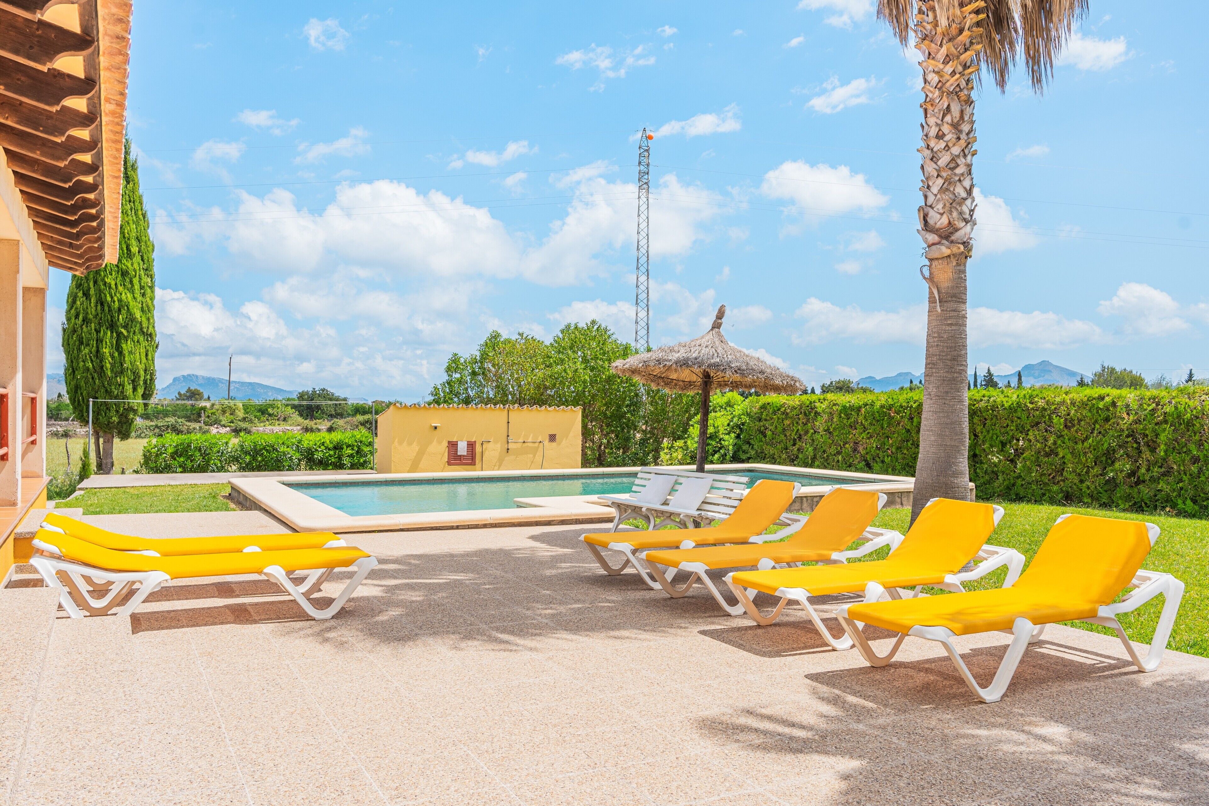 A pool area with lounge chairs, a thatched umbrella, and a view of the landscape.