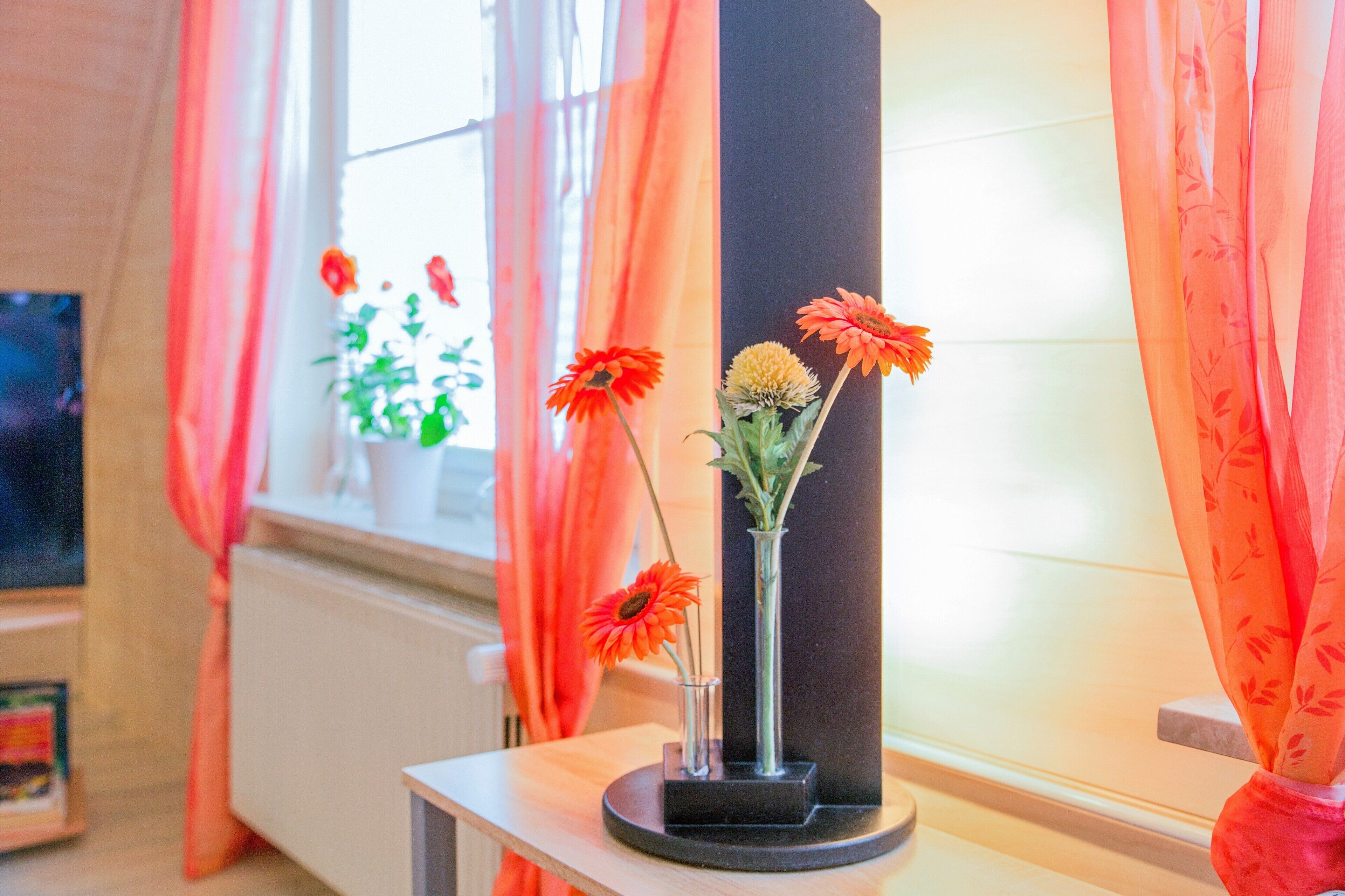 A room with a window, a vase with flowers, and a black object on a table.