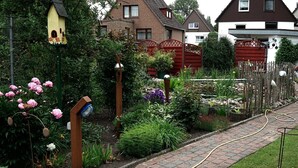 Een tuin met een met baksteen bestraat pad, een vogelhuisje en diverse planten.