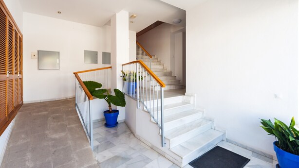 A staircase with white steps and wooden handrails, leading to an upper floor.