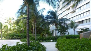 A pathway flanked by lush greenery and palm trees, leading to a modern building with multiple floors and balconies.